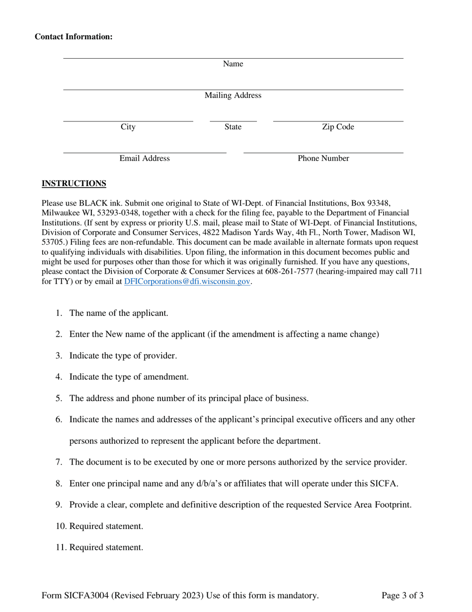 Form SICFA3004 State-Issued Certificate for Franchise Authority (Sicfa) Initial Application - Wisconsin, Page 3