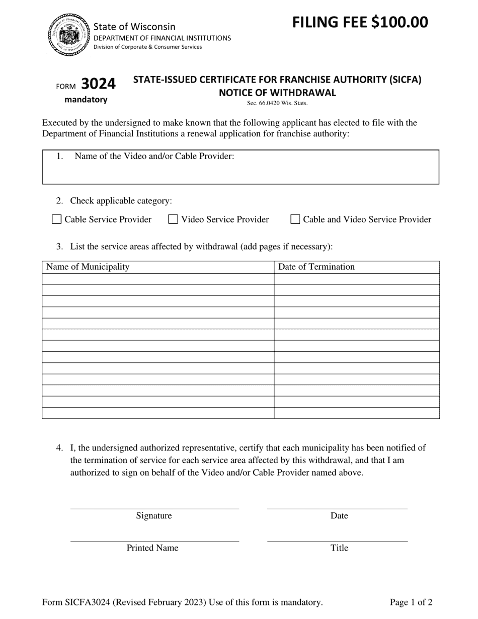 Form SICFA3024 State-Issued Certificate for Franchise Authority (Sicfa) Notice of Withdrawal - Wisconsin, Page 1