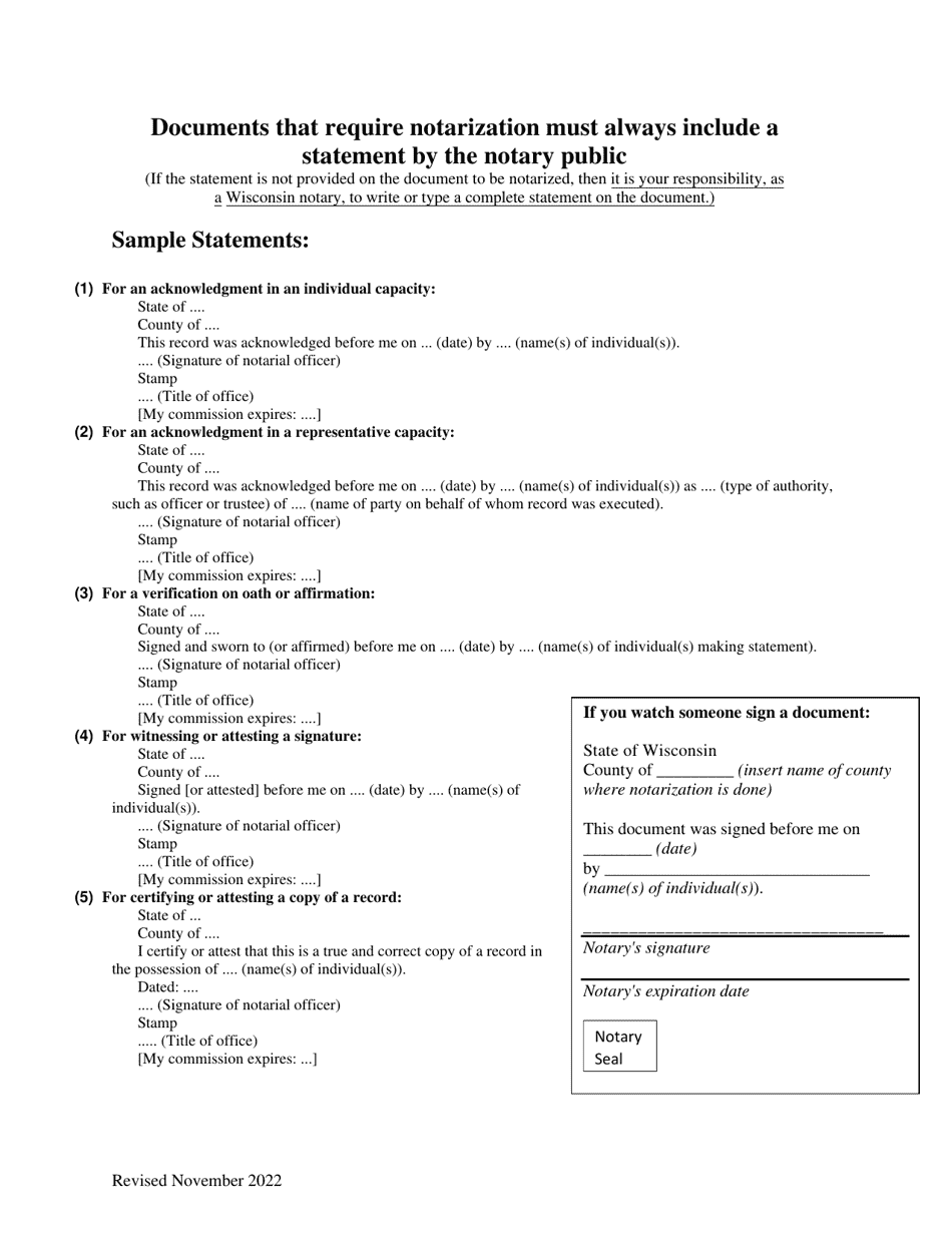 Notary Sample Statements - Wisconsin, Page 1