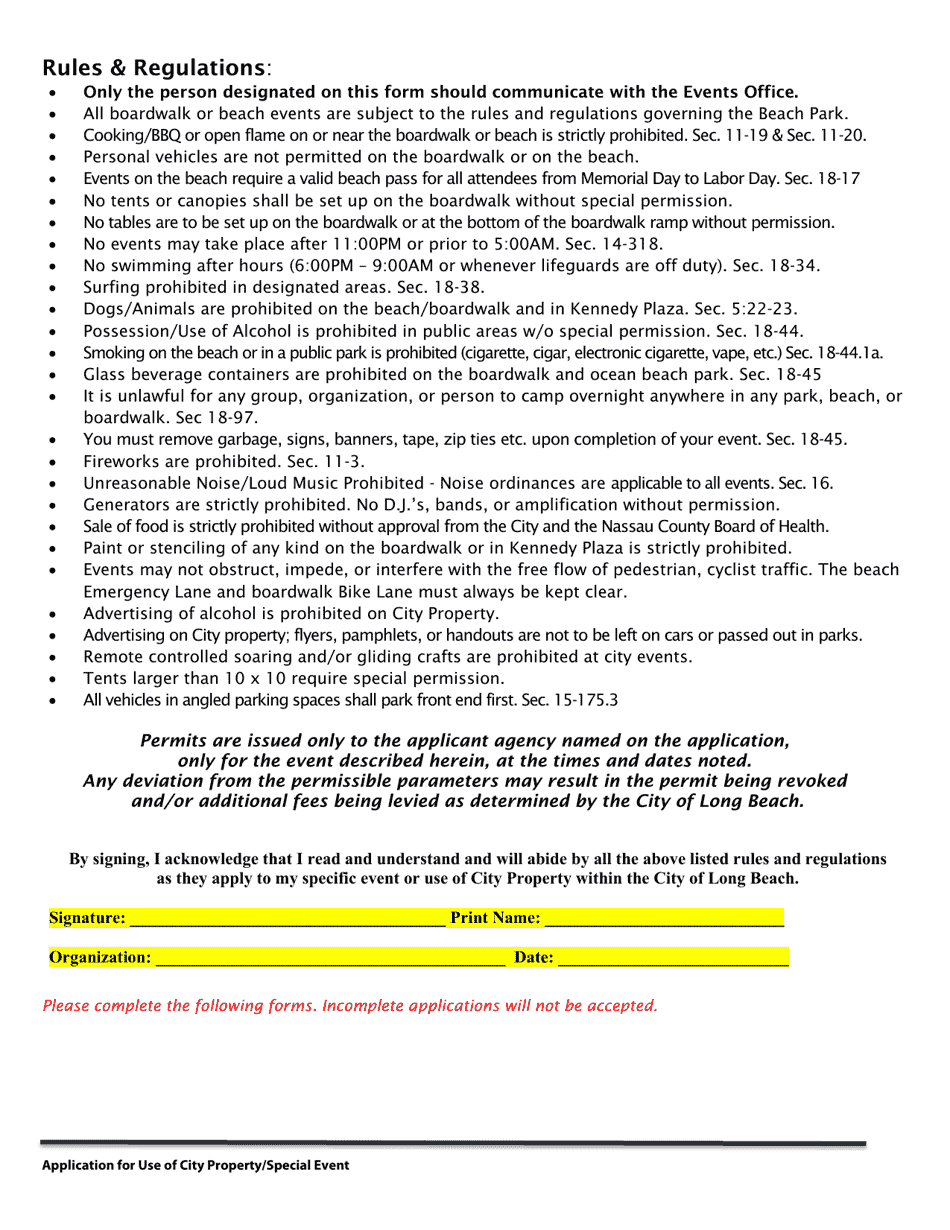 Application for Permit for Use of City Property for Special Event - City of Long Beach, New York, Page 2