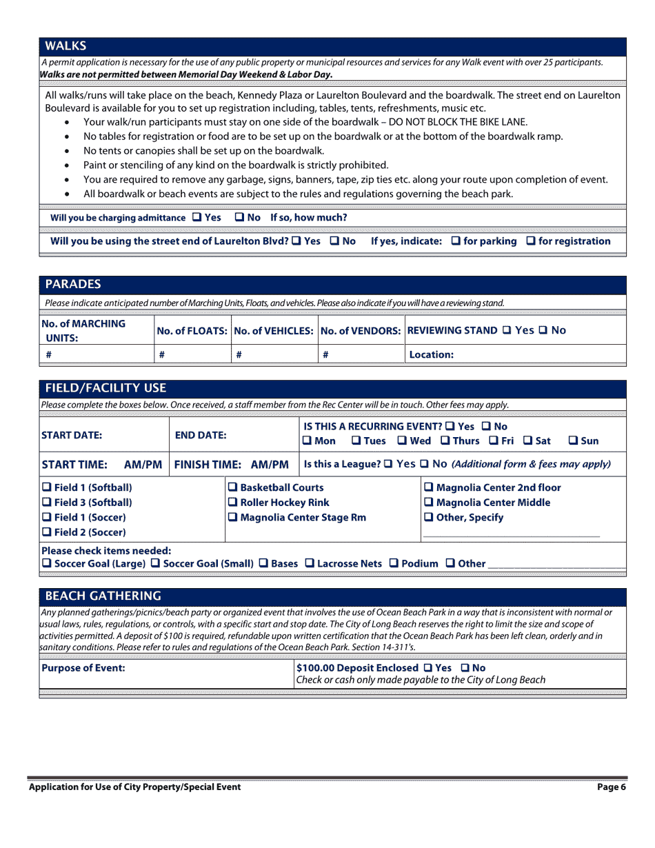 Application for Permit for Use of City Property for Special Event - City of Long Beach, New York, Page 6