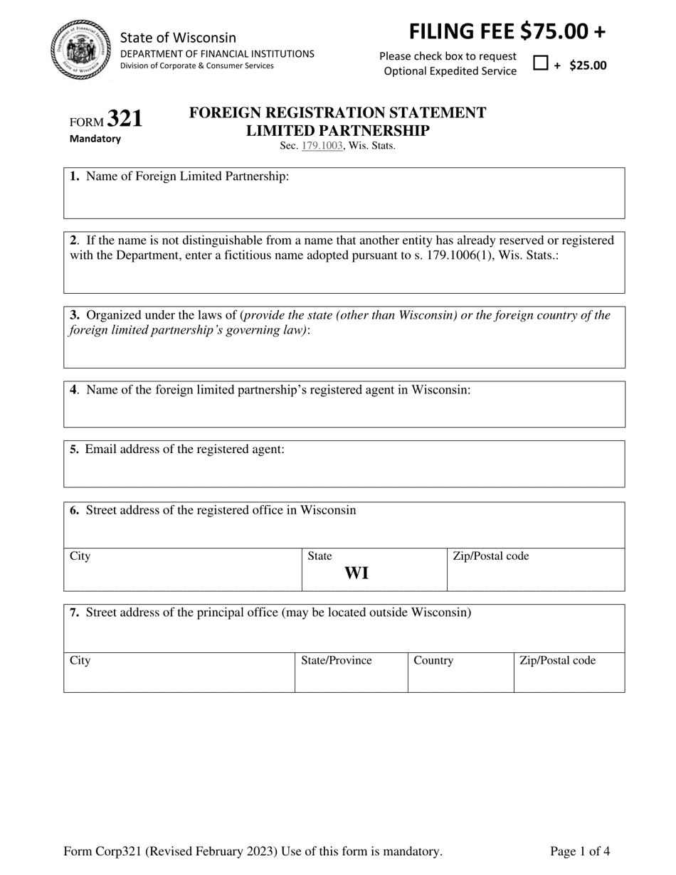 Form Corp321 Foreign Registration Statement Limited Partnership - Wisconsin, Page 1