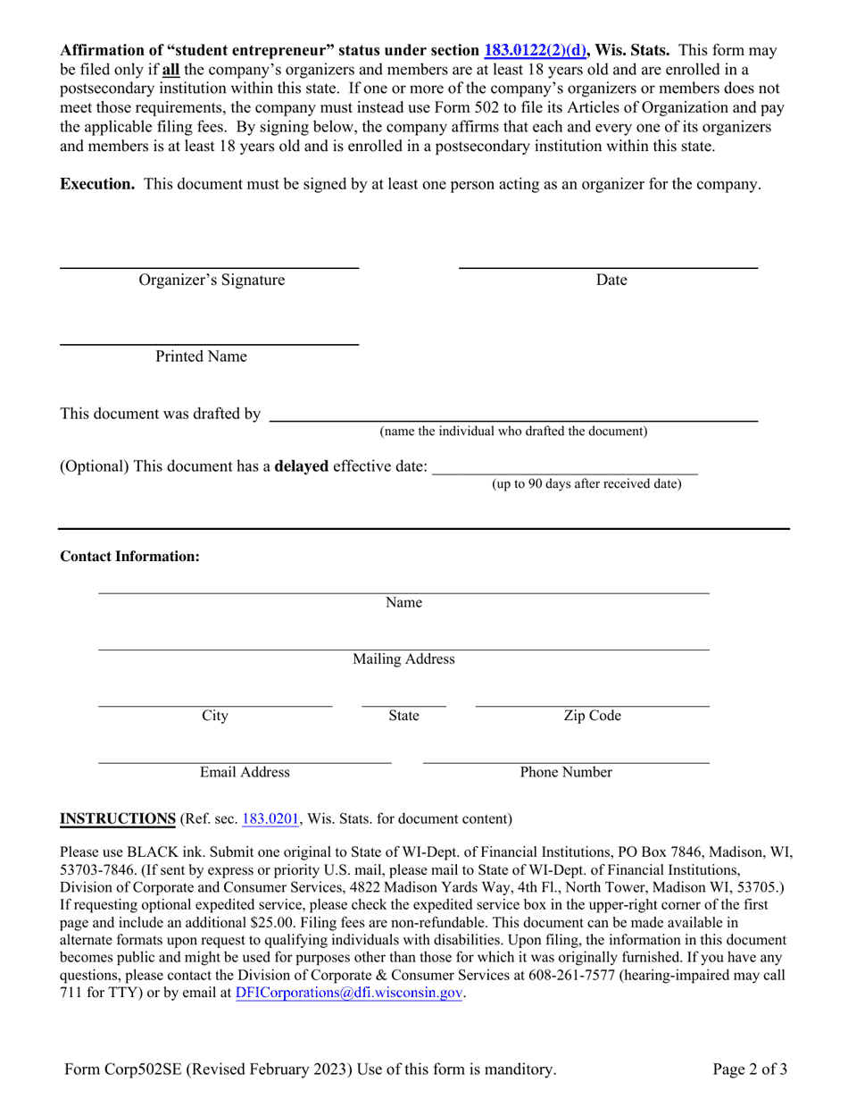 Form Corp502SE Student Entrepreneur Articles of Organization Limited Liability Company - Wisconsin, Page 2