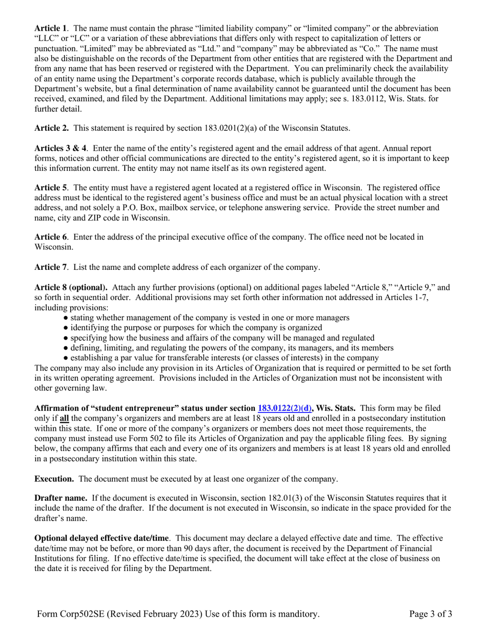 Form Corp502SE Student Entrepreneur Articles of Organization Limited Liability Company - Wisconsin, Page 3