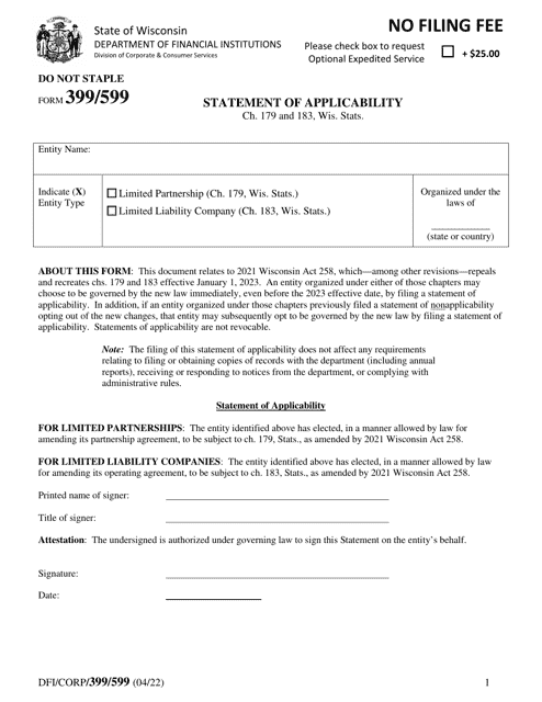 Form DFI/CORP/399/599 Statement of Applicability - Wisconsin