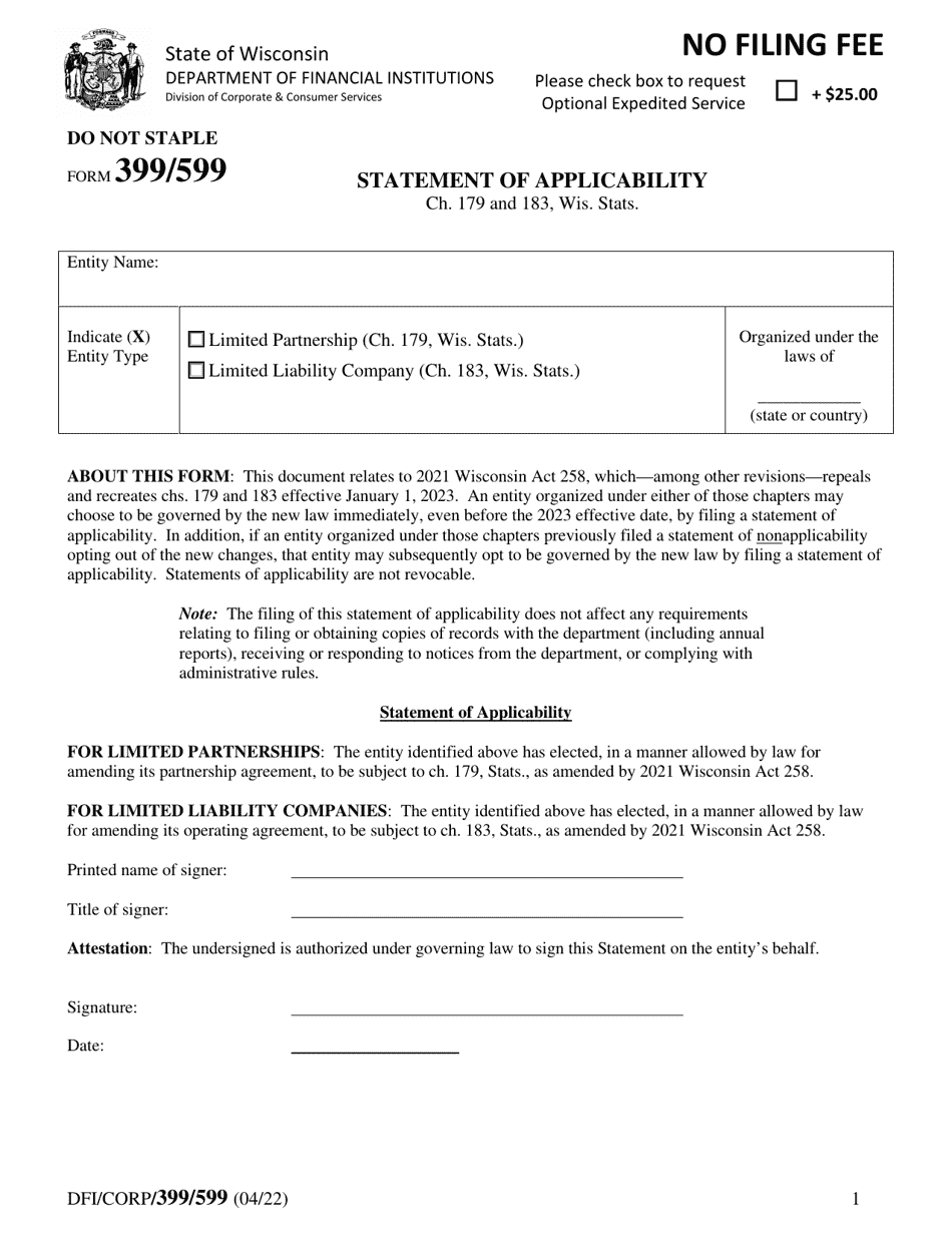 Form DFI / CORP / 399 / 599 Statement of Applicability - Wisconsin, Page 1