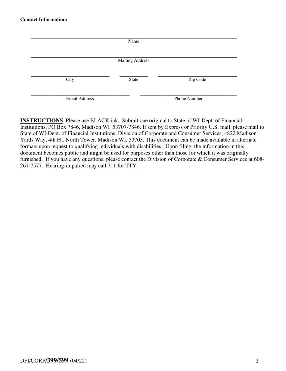Form DFI / CORP / 399 / 599 Statement of Applicability - Wisconsin, Page 2