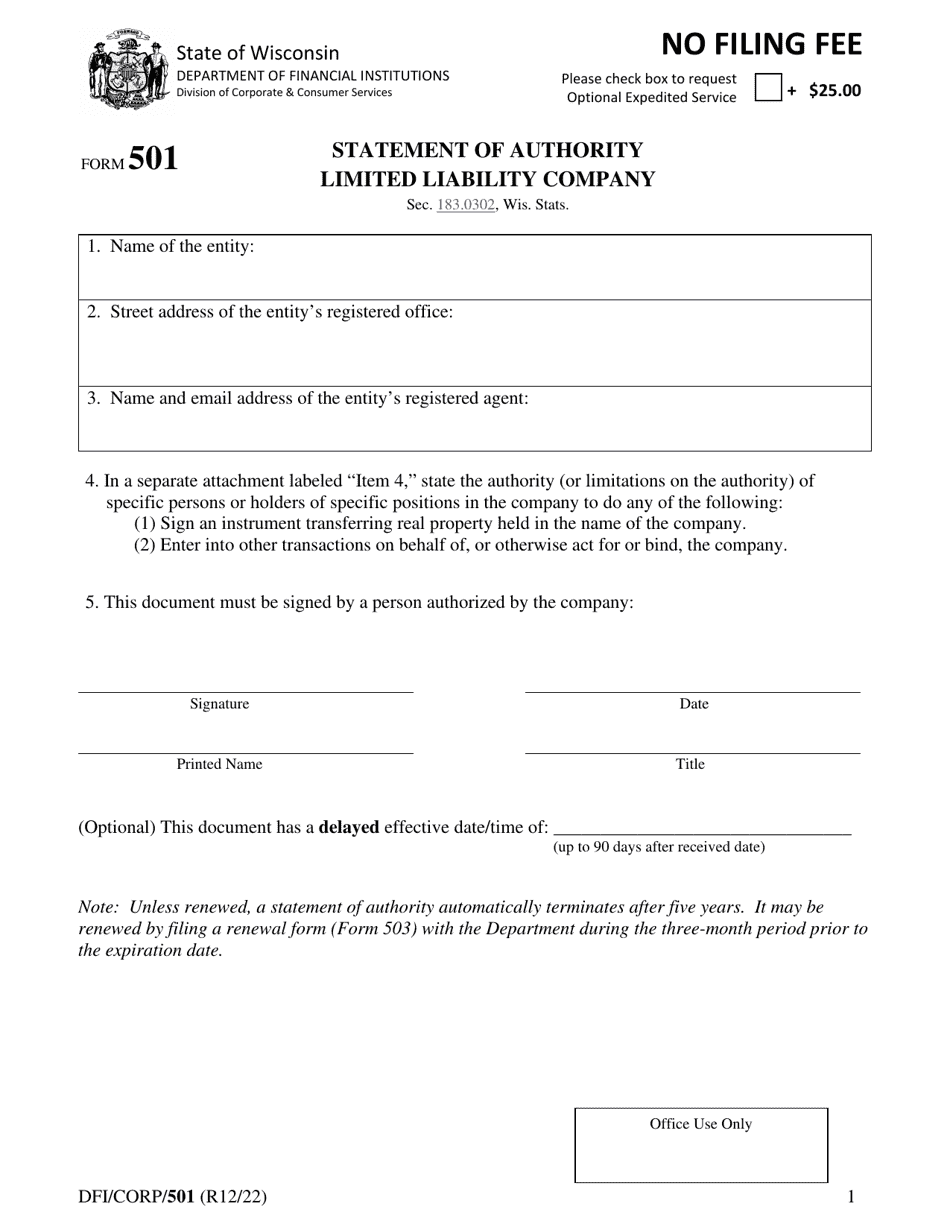 Form DFI / CORP / 501 Statement of Authority - Limited Liability Company - Wisconsin, Page 1