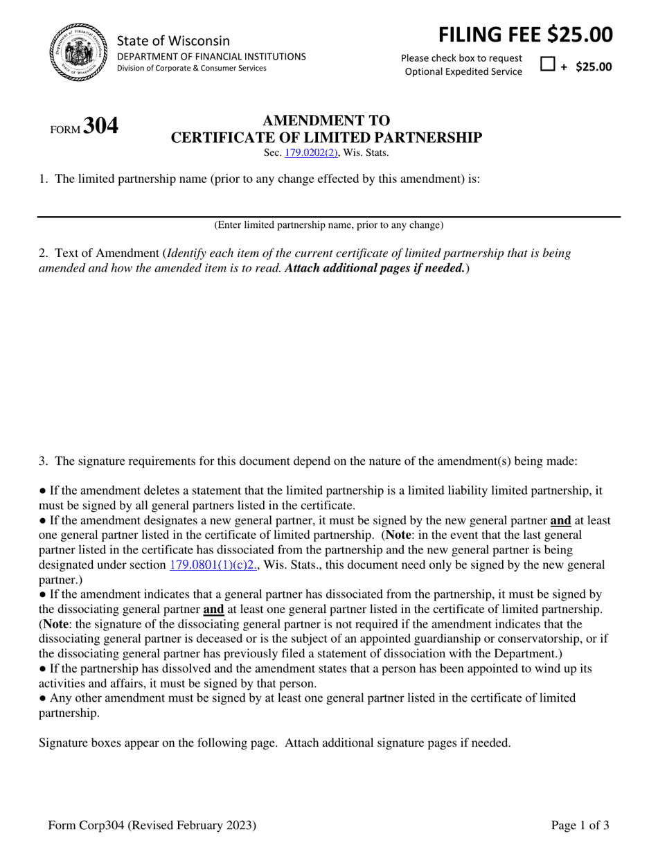 Form Corp304 Amendment to Certificate of Limited Partnership - Wisconsin, Page 1