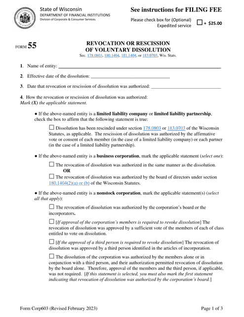 Form 55 (Corp603) Revocation or Rescission of Voluntary Dissolution - Wisconsin
