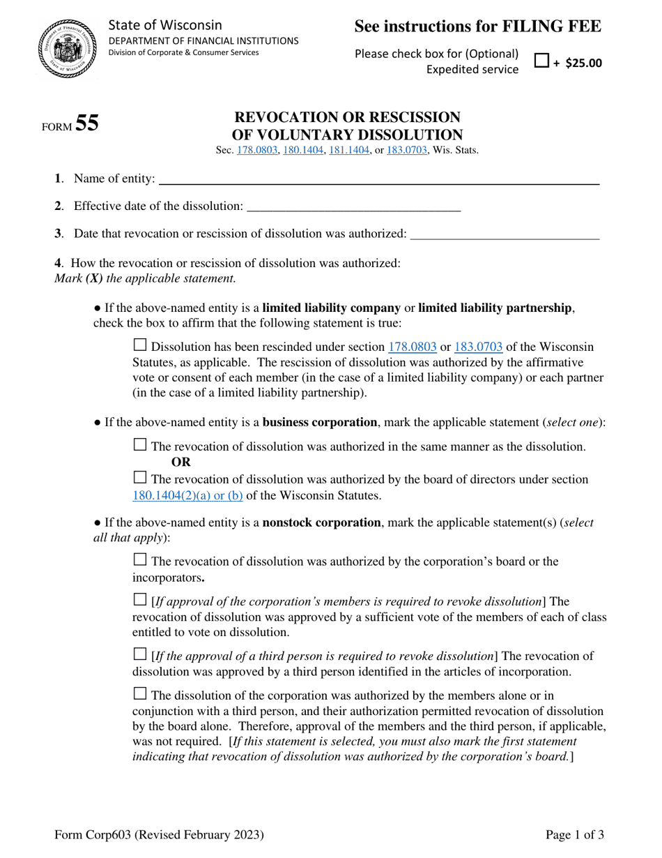 Form 55 (Corp603) Revocation or Rescission of Voluntary Dissolution - Wisconsin, Page 1