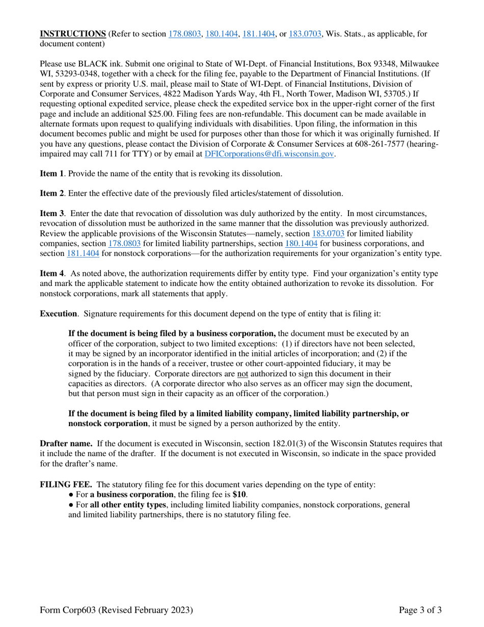 Form 55 (Corp603) Revocation or Rescission of Voluntary Dissolution - Wisconsin, Page 3