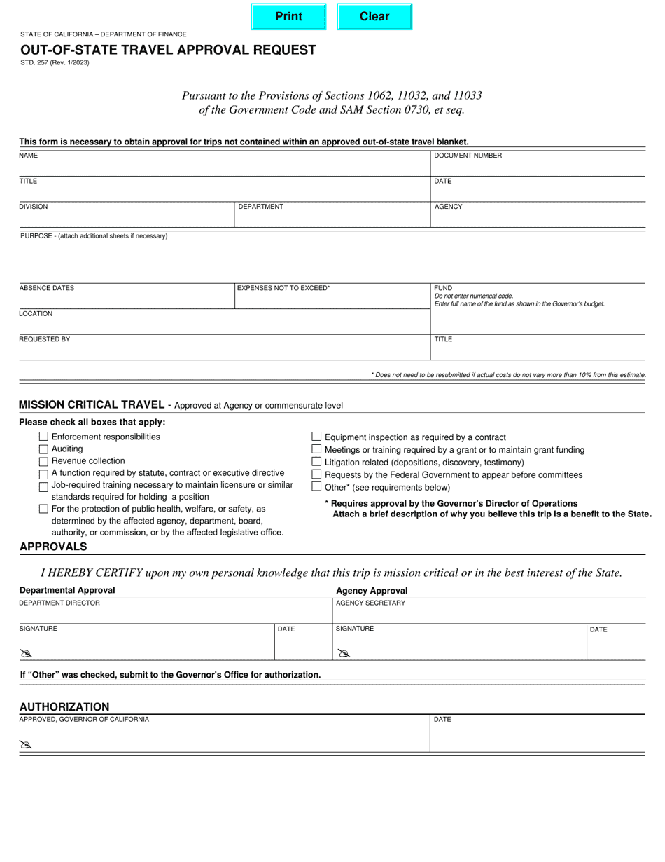 Form STD.257 Download Fillable PDF or Fill Online Out-of-State Travel ...