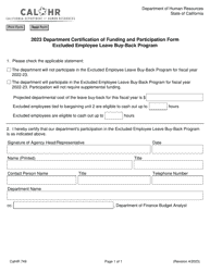Document preview: Form CALHR749 Department Certification of Funding and Participation Form Excluded Employee Leave Buy-Back Program - California