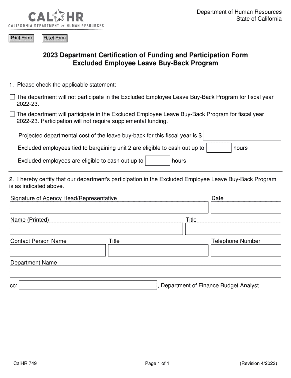 Form CALHR749 Department Certification of Funding and Participation Form Excluded Employee Leave Buy-Back Program - California, Page 1