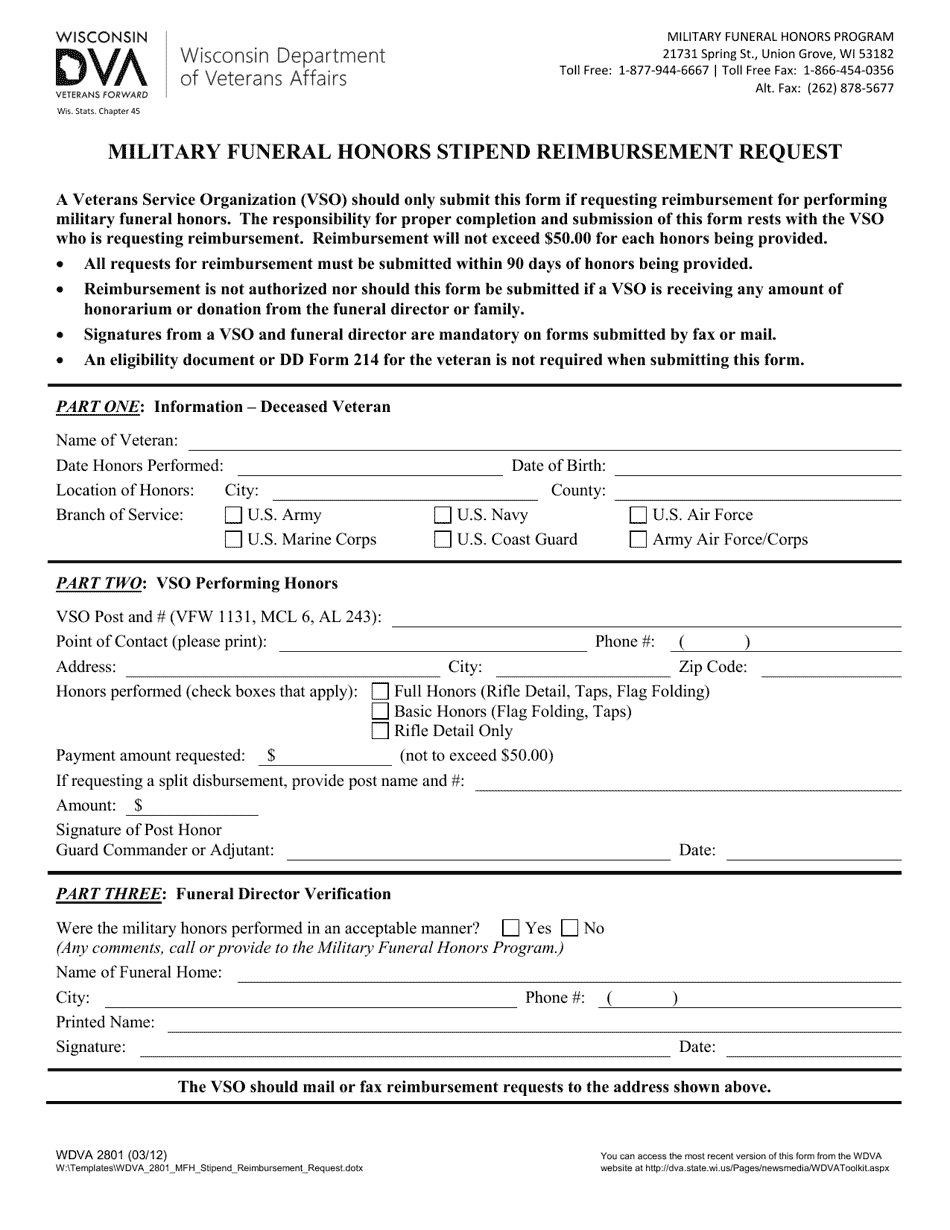 Form WDVA2801 Military Funeral Honors Stipend Reimbursement Request - Wisconsin, Page 1