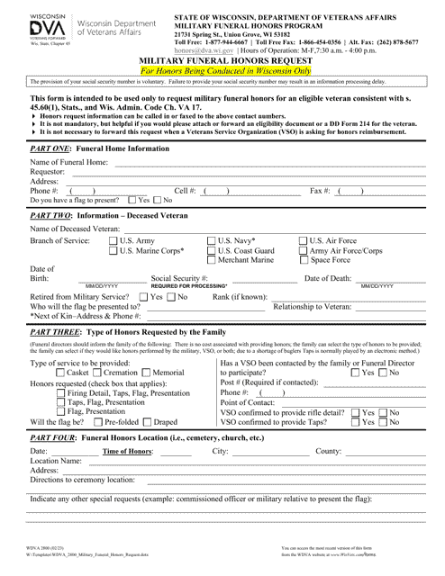 Form WDVA2800 Military Funeral Honors Request for Honors Being Conducted in Wisconsin Only - Wisconsin