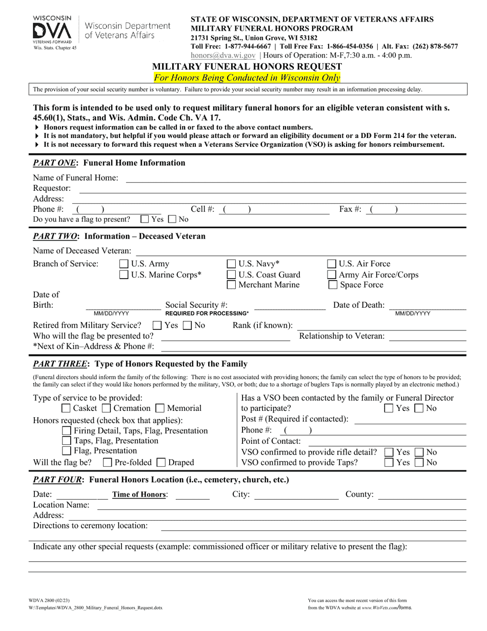 Form WDVA2800 Military Funeral Honors Request for Honors Being Conducted in Wisconsin Only - Wisconsin, Page 1