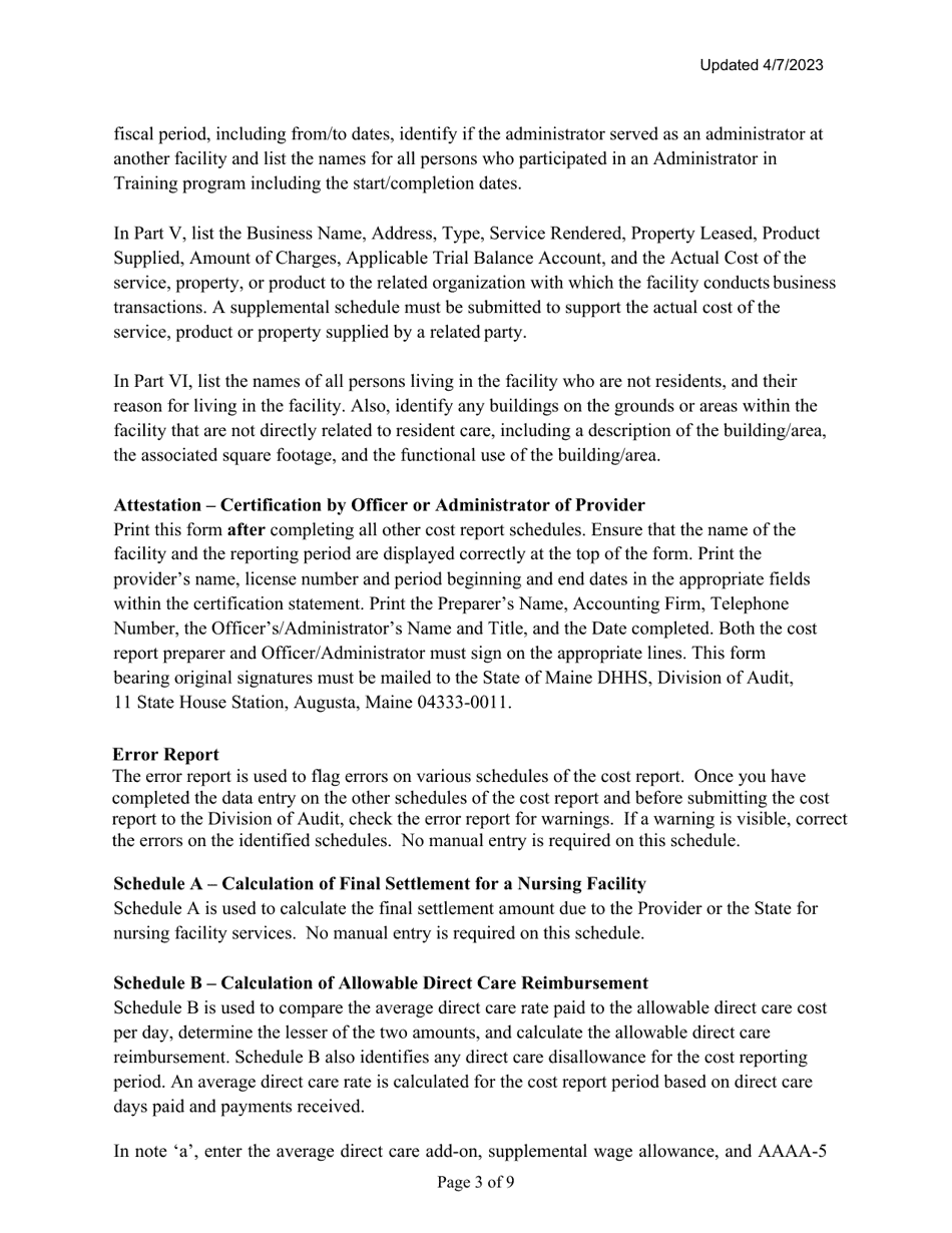 Instructions for Mainecare Cost Report for Nursing Care Facilities - Single-Level - Maine, Page 3