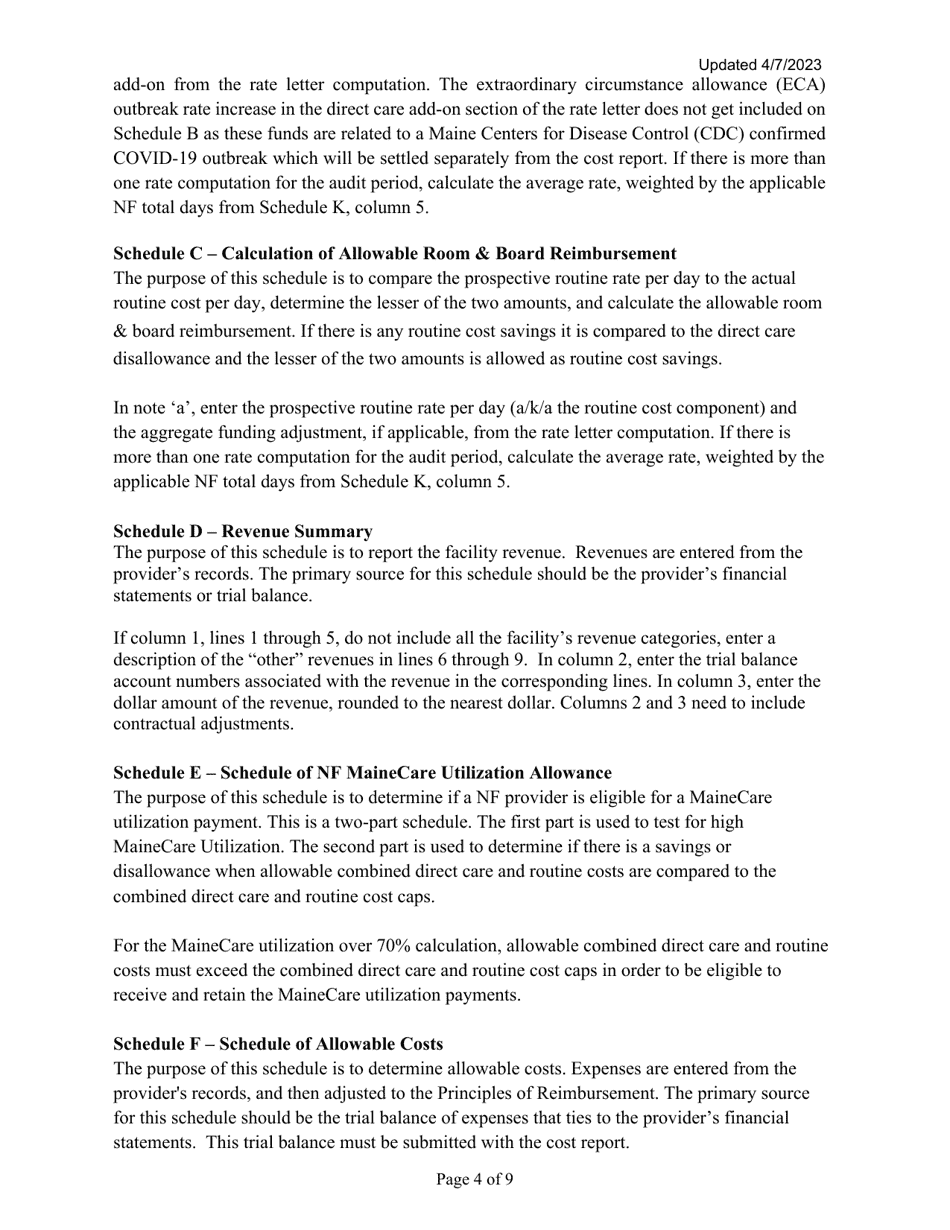 Instructions for Mainecare Cost Report for Nursing Care Facilities - Single-Level - Maine, Page 4