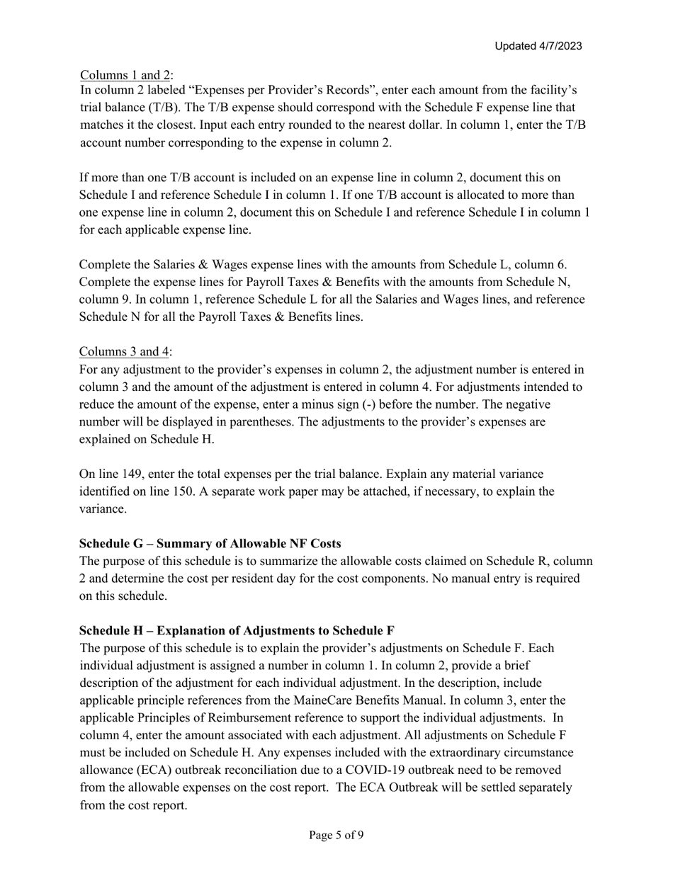 Instructions for Mainecare Cost Report for Nursing Care Facilities - Single-Level - Maine, Page 5