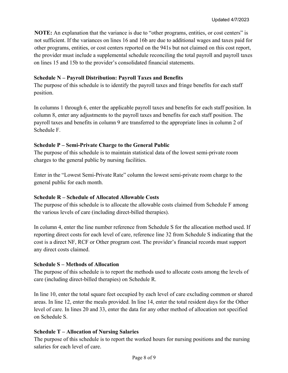 Instructions for Mainecare Cost Report for Nursing Care Facilities - Single-Level - Maine, Page 8