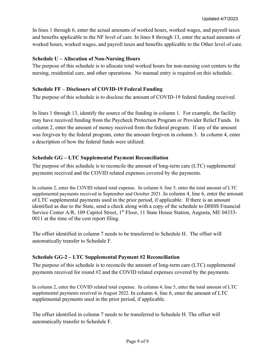 Instructions for Mainecare Cost Report for Nursing Care Facilities - Single-Level - Maine, Page 9