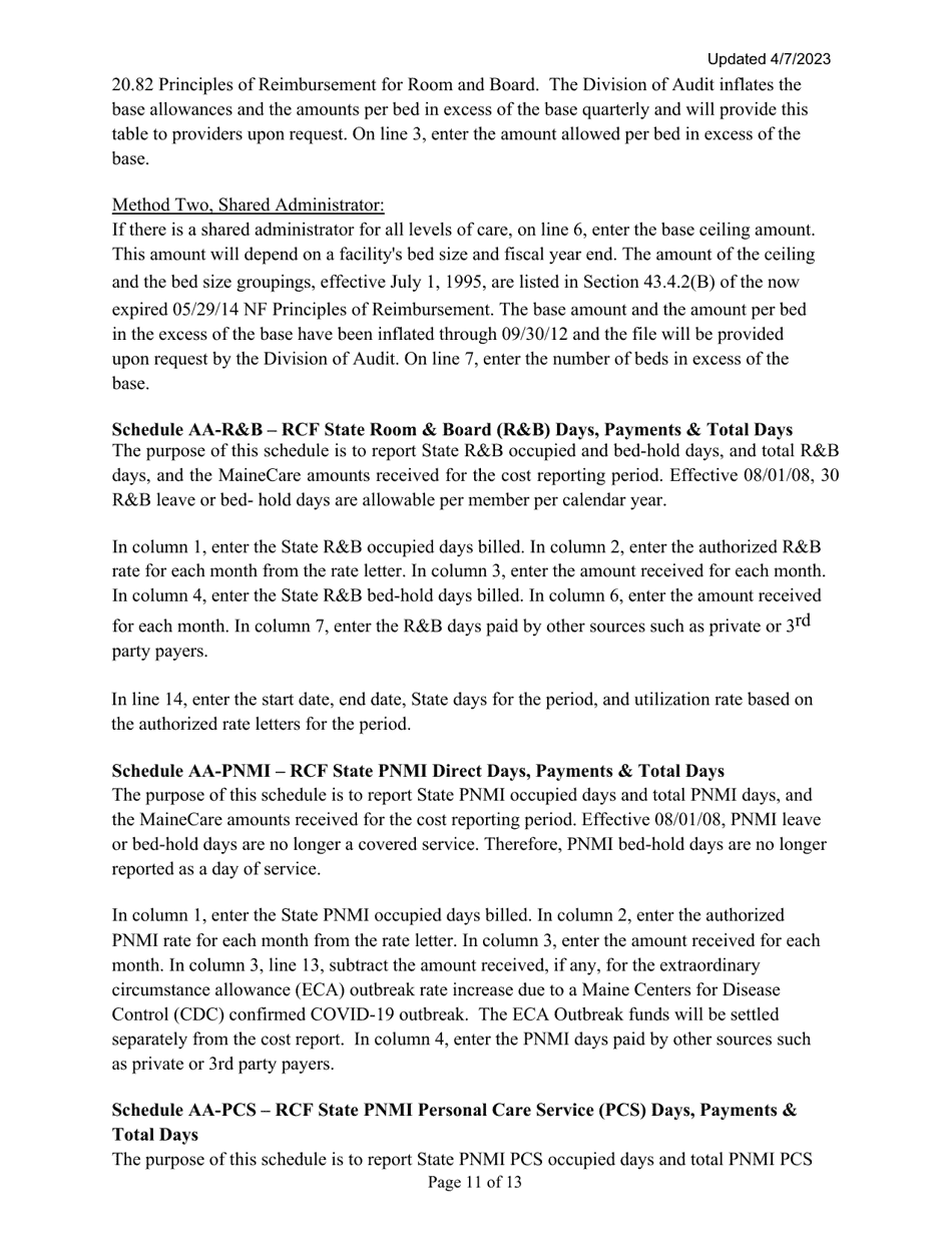 Instructions for Mainecare Cost Report for Nursing Care Facilities - Multi-Level With 1 Rcf - Maine, Page 11