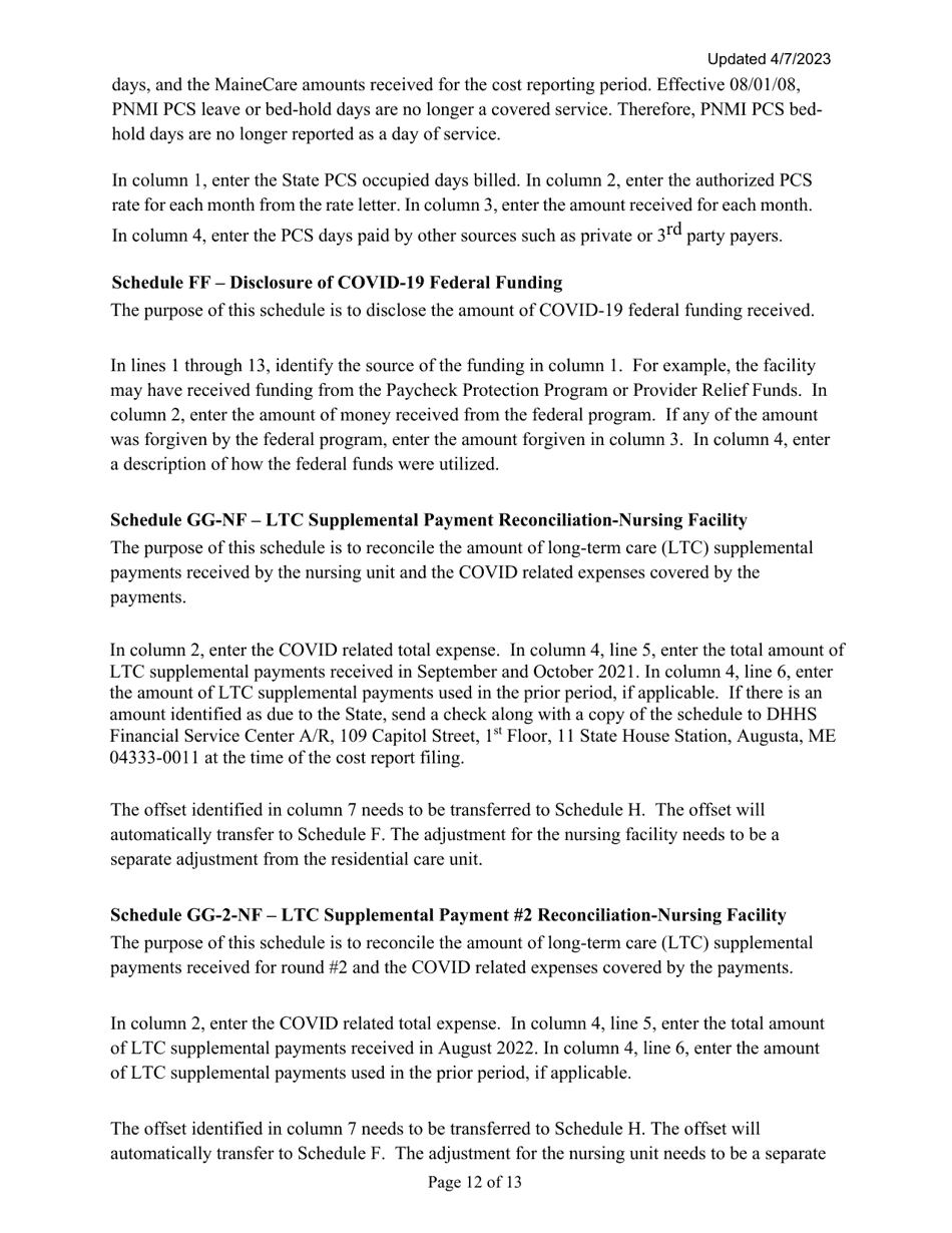 Instructions for Mainecare Cost Report for Nursing Care Facilities - Multi-Level With 1 Rcf - Maine, Page 12