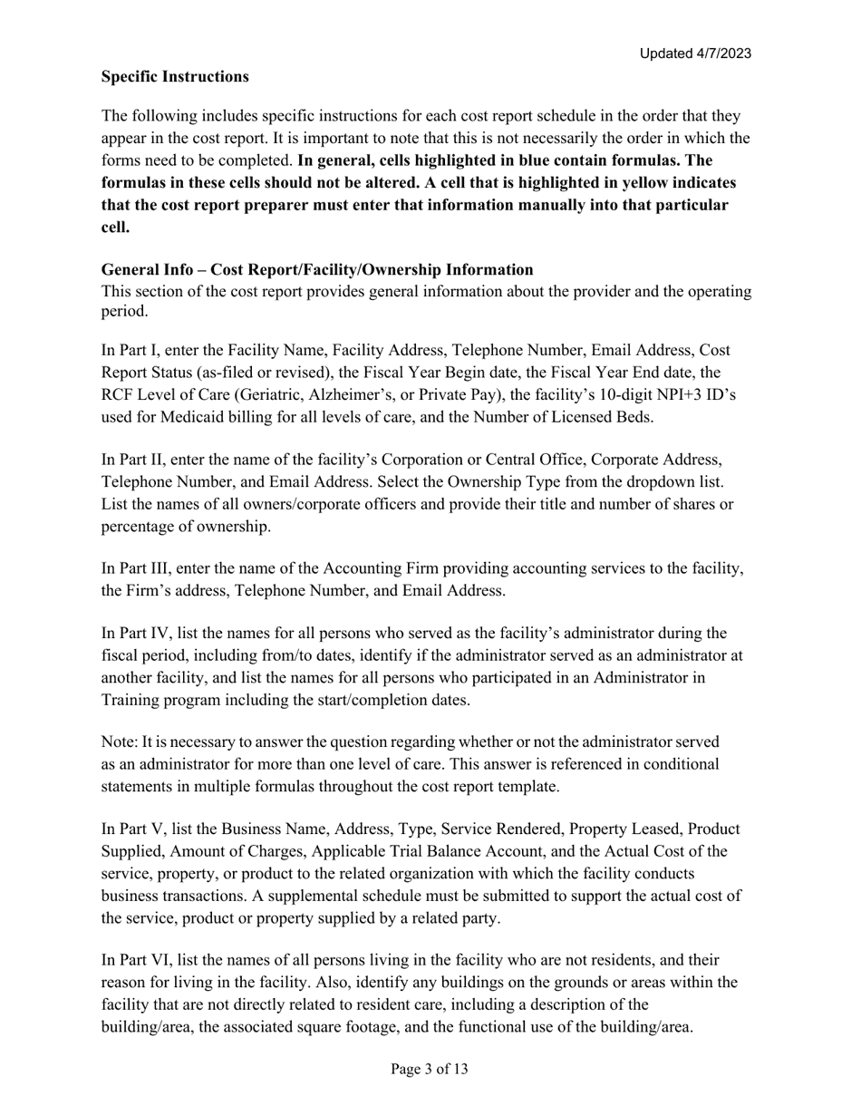 Instructions for Mainecare Cost Report for Nursing Care Facilities - Multi-Level With 1 Rcf - Maine, Page 3