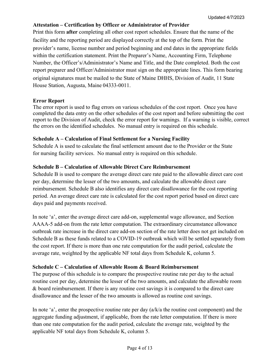 Instructions for Mainecare Cost Report for Nursing Care Facilities - Multi-Level With 1 Rcf - Maine, Page 4