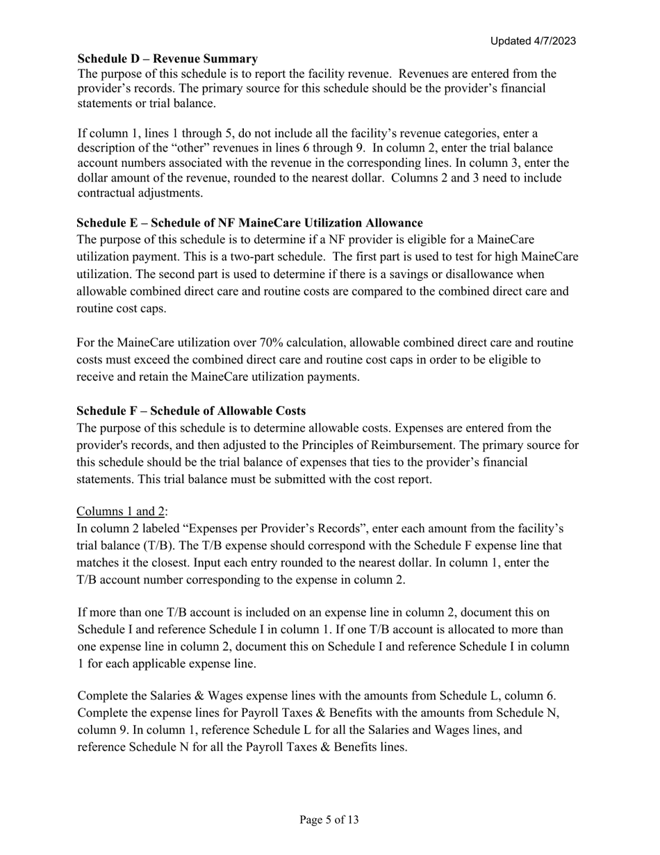 Instructions for Mainecare Cost Report for Nursing Care Facilities - Multi-Level With 1 Rcf - Maine, Page 5