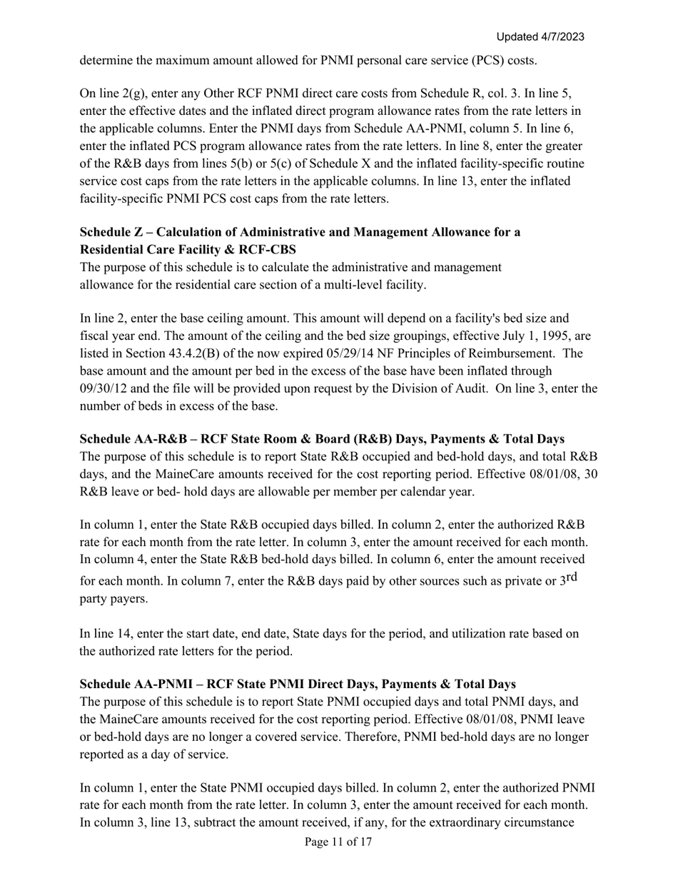 Instructions for Mainecare Cost Report for Nursing Care Facilities - Multi-Level With 1 Rcf, Nf Cbs,  Rcf Cbs - Maine, Page 11