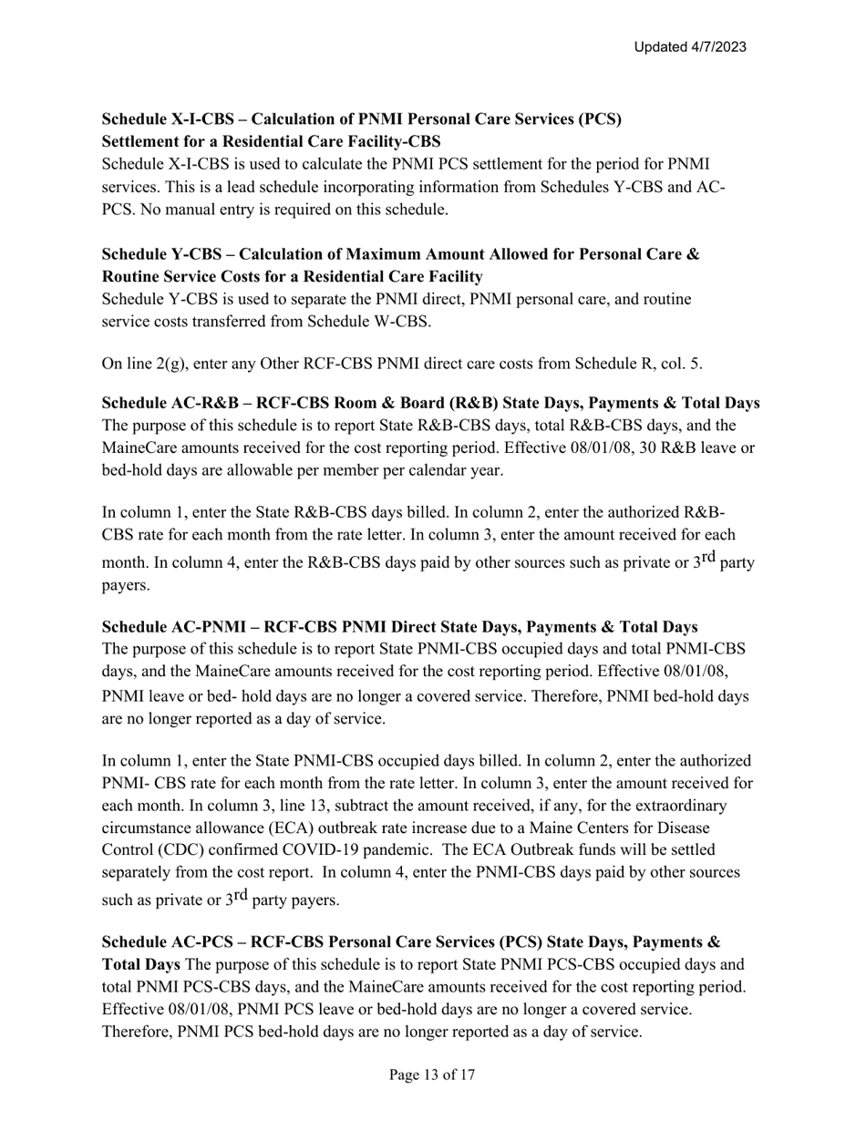 Instructions for Mainecare Cost Report for Nursing Care Facilities - Multi-Level With 1 Rcf, Nf Cbs,  Rcf Cbs - Maine, Page 13