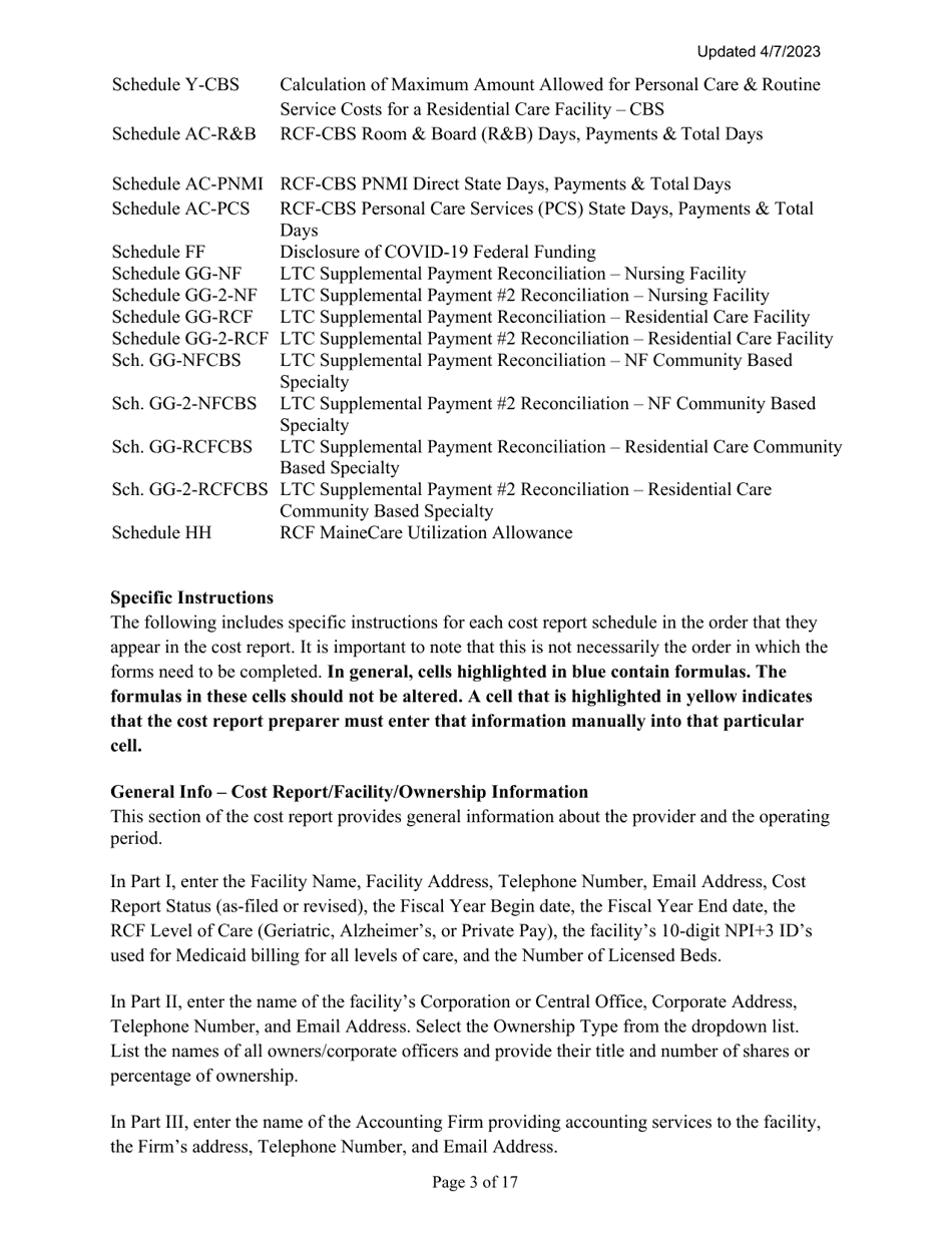 Instructions for Mainecare Cost Report for Nursing Care Facilities - Multi-Level With 1 Rcf, Nf Cbs,  Rcf Cbs - Maine, Page 3