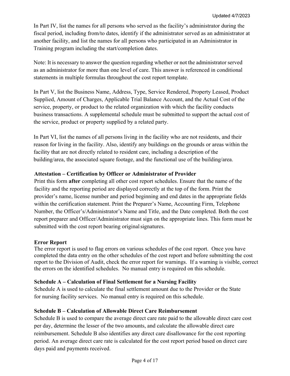 Instructions for Mainecare Cost Report for Nursing Care Facilities - Multi-Level With 1 Rcf, Nf Cbs,  Rcf Cbs - Maine, Page 4