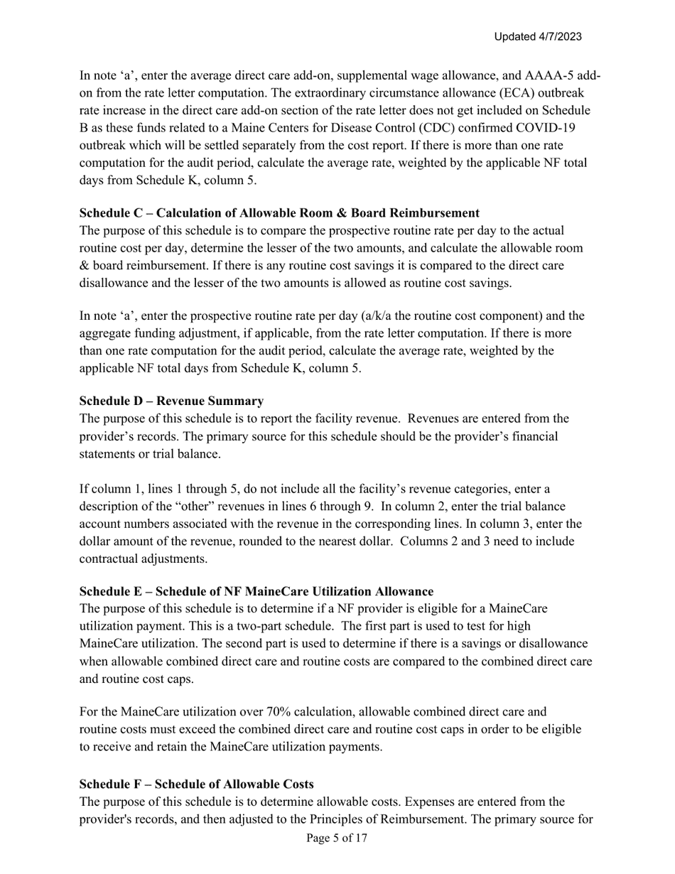 Instructions for Mainecare Cost Report for Nursing Care Facilities - Multi-Level With 1 Rcf, Nf Cbs,  Rcf Cbs - Maine, Page 5