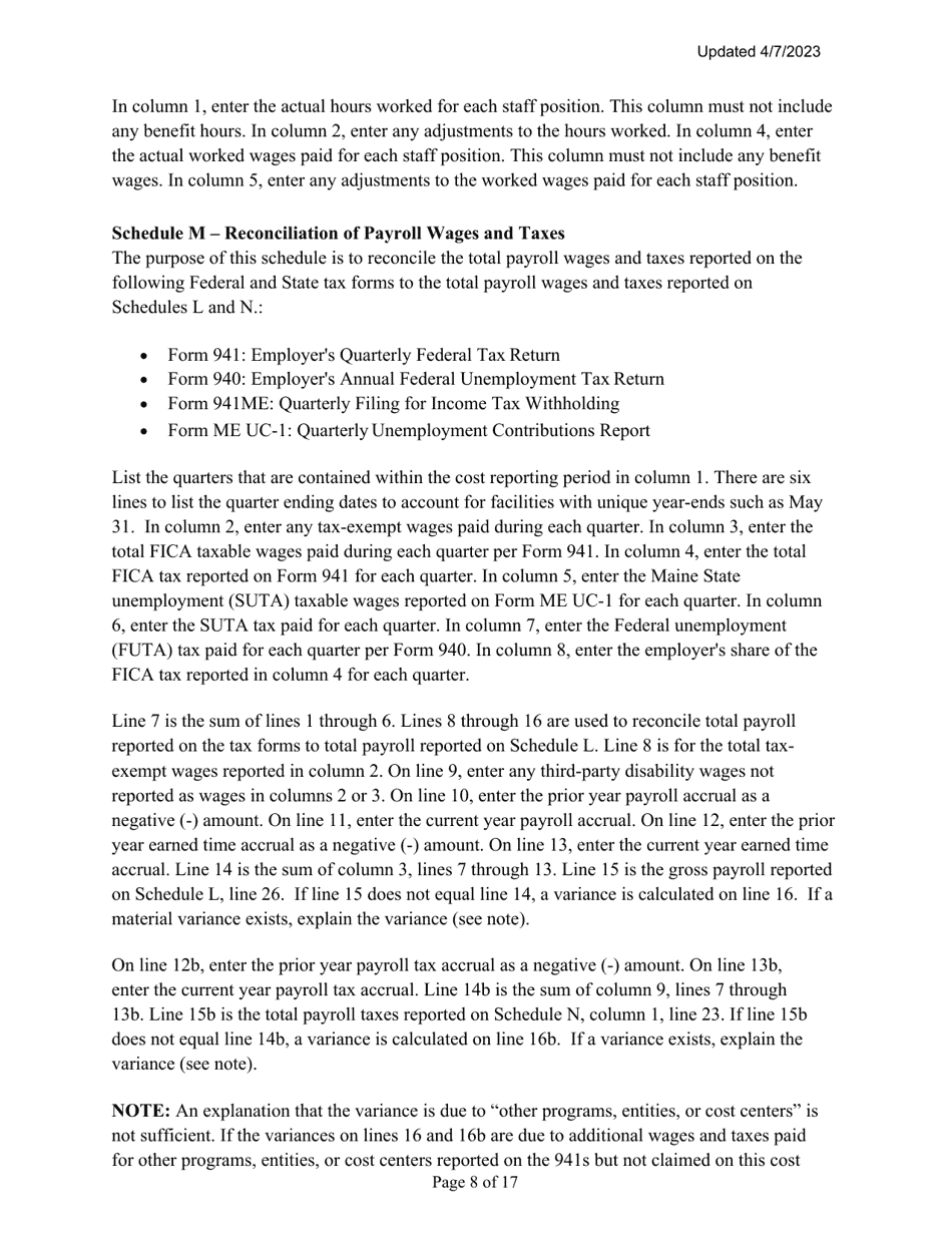 Instructions for Mainecare Cost Report for Nursing Care Facilities - Multi-Level With 1 Rcf, Nf Cbs,  Rcf Cbs - Maine, Page 8