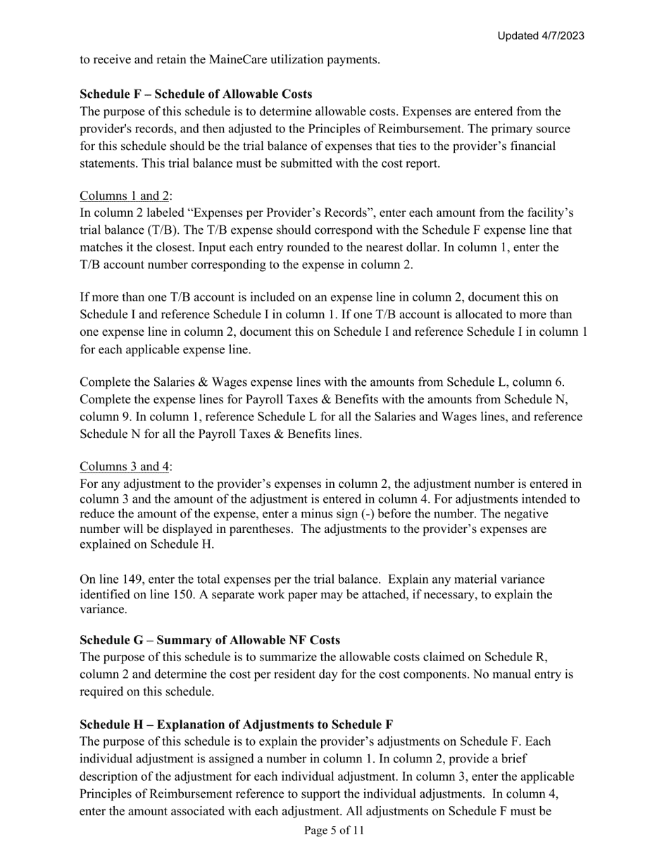 Instructions for Mainecare Cost Report for Nursing Care Facilities - Multi-Level With Brain Injury Unit - Maine, Page 5