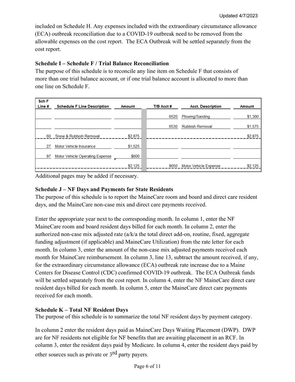 Instructions for Mainecare Cost Report for Nursing Care Facilities - Multi-Level With Brain Injury Unit - Maine, Page 6