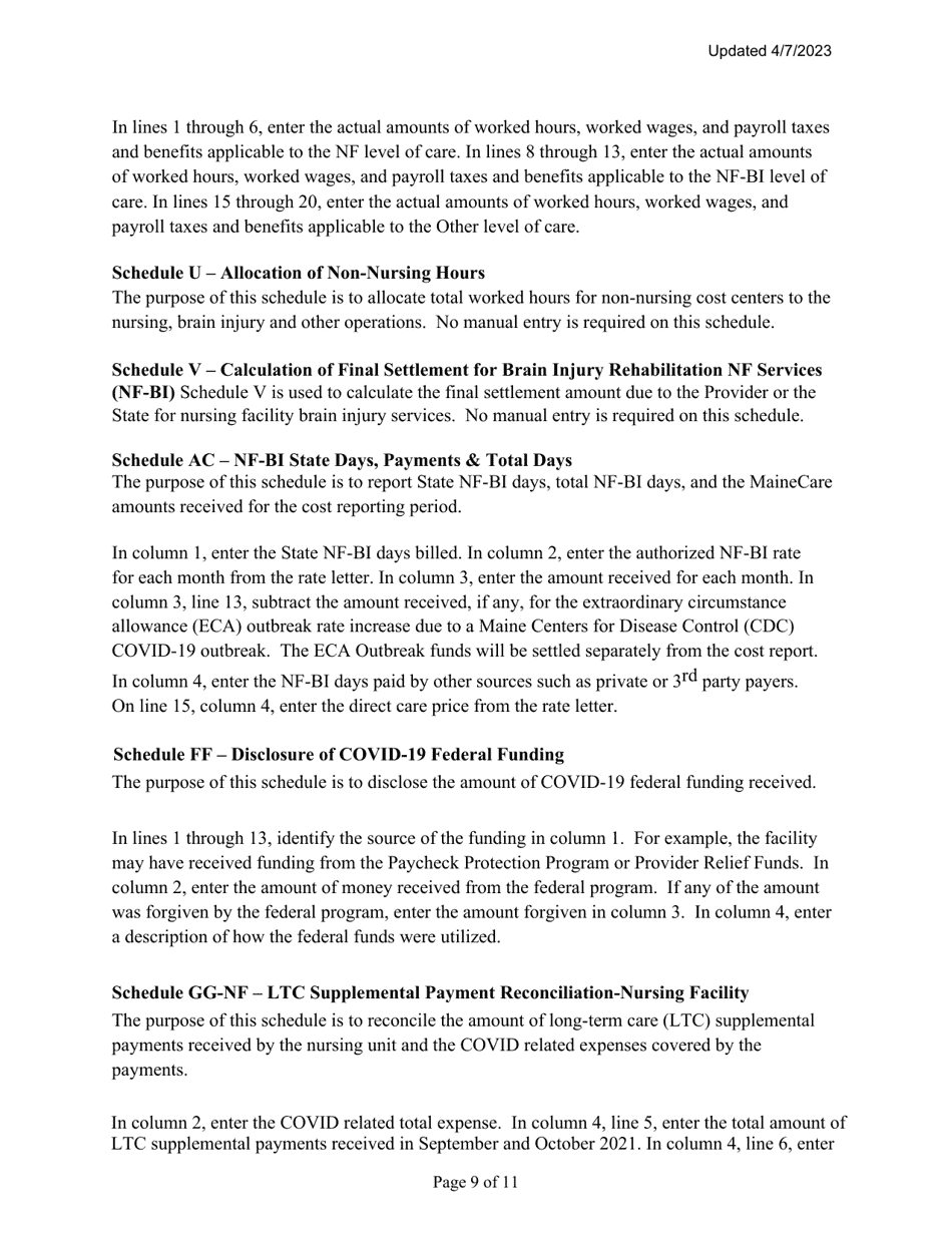 Instructions for Mainecare Cost Report for Nursing Care Facilities - Multi-Level With Brain Injury Unit - Maine, Page 9