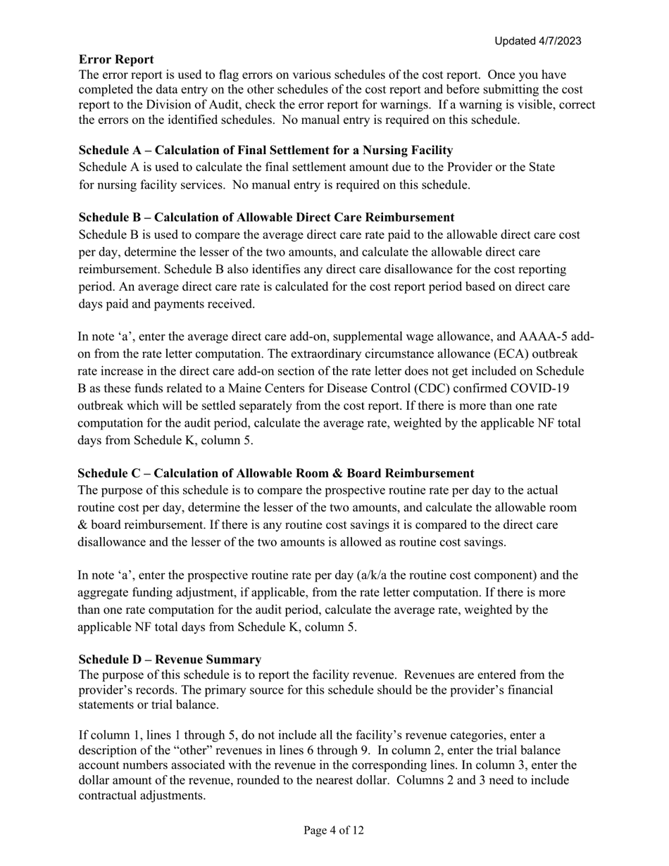 Instructions for Mainecare Cost Report for Nursing Care Facilities - Multi-Level With a Cbs Unit and a BI Unit - Maine, Page 4