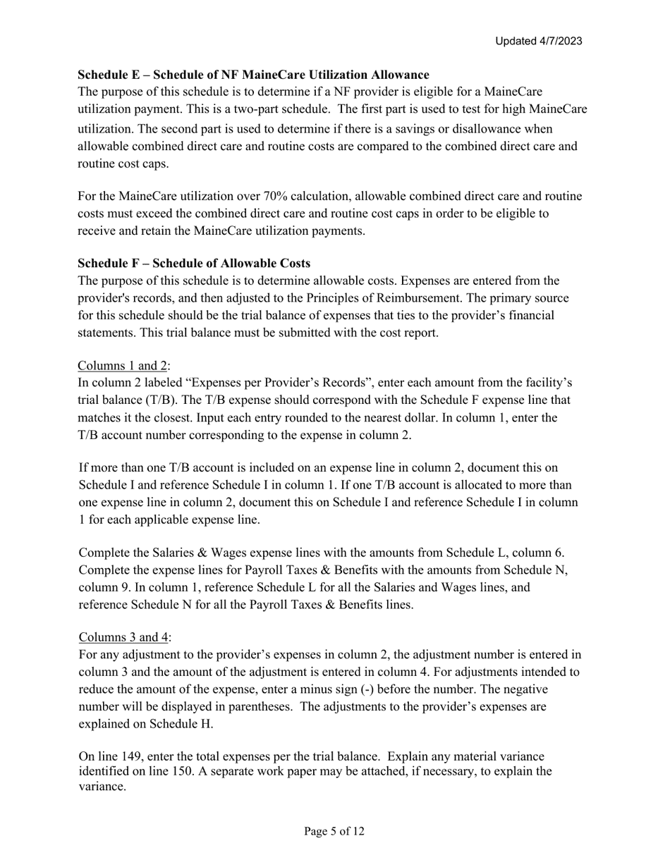 Instructions for Mainecare Cost Report for Nursing Care Facilities - Multi-Level With a Cbs Unit and a BI Unit - Maine, Page 5
