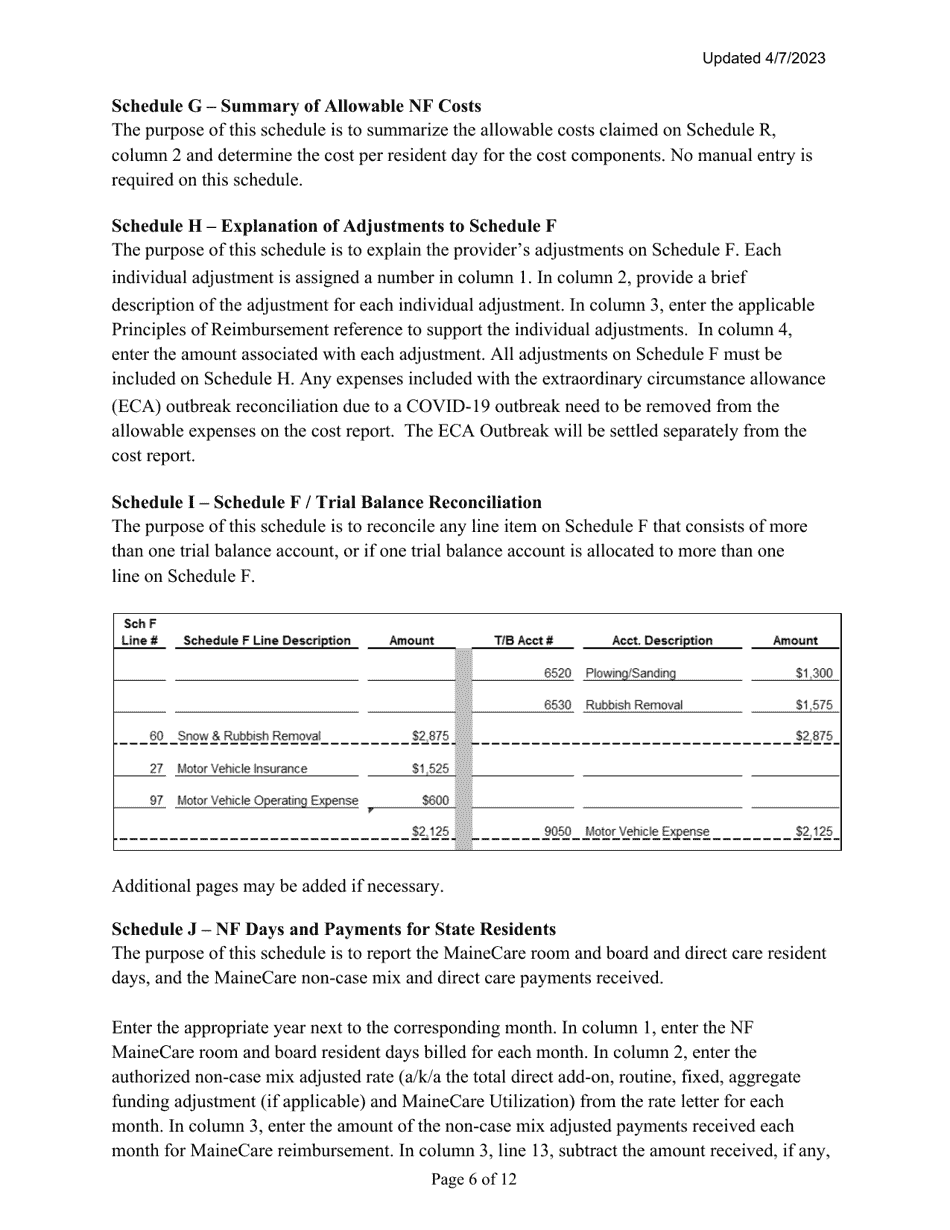 Instructions for Mainecare Cost Report for Nursing Care Facilities - Multi-Level With a Cbs Unit and a BI Unit - Maine, Page 6
