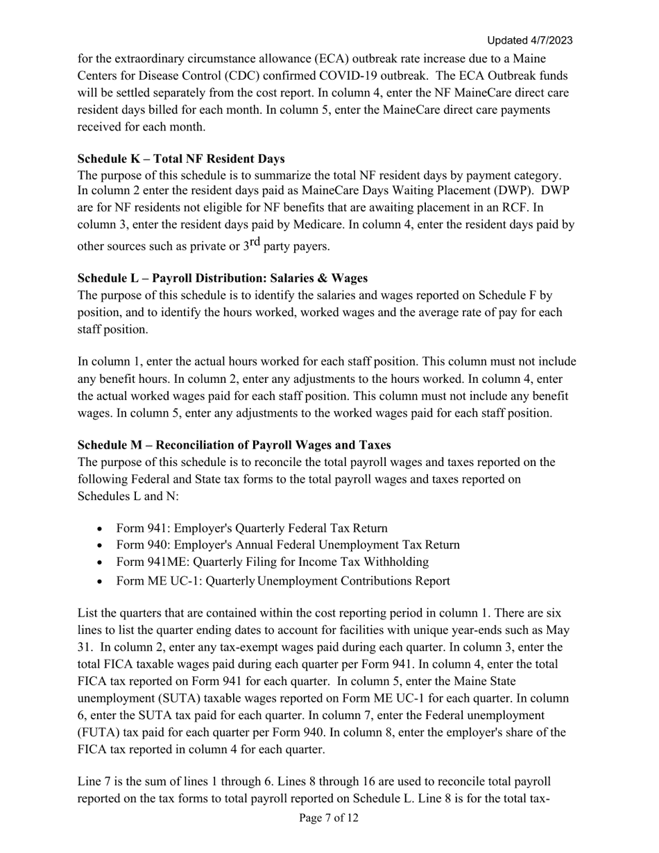 Instructions for Mainecare Cost Report for Nursing Care Facilities - Multi-Level With a Cbs Unit and a BI Unit - Maine, Page 7