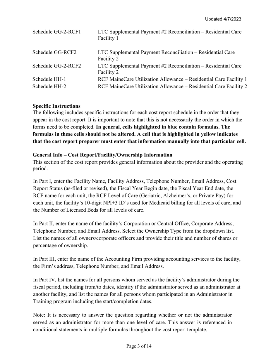Instructions for Mainecare Cost Report for Nursing Care Facilities - Multi-Level With 2 Rcf Units - Maine, Page 3
