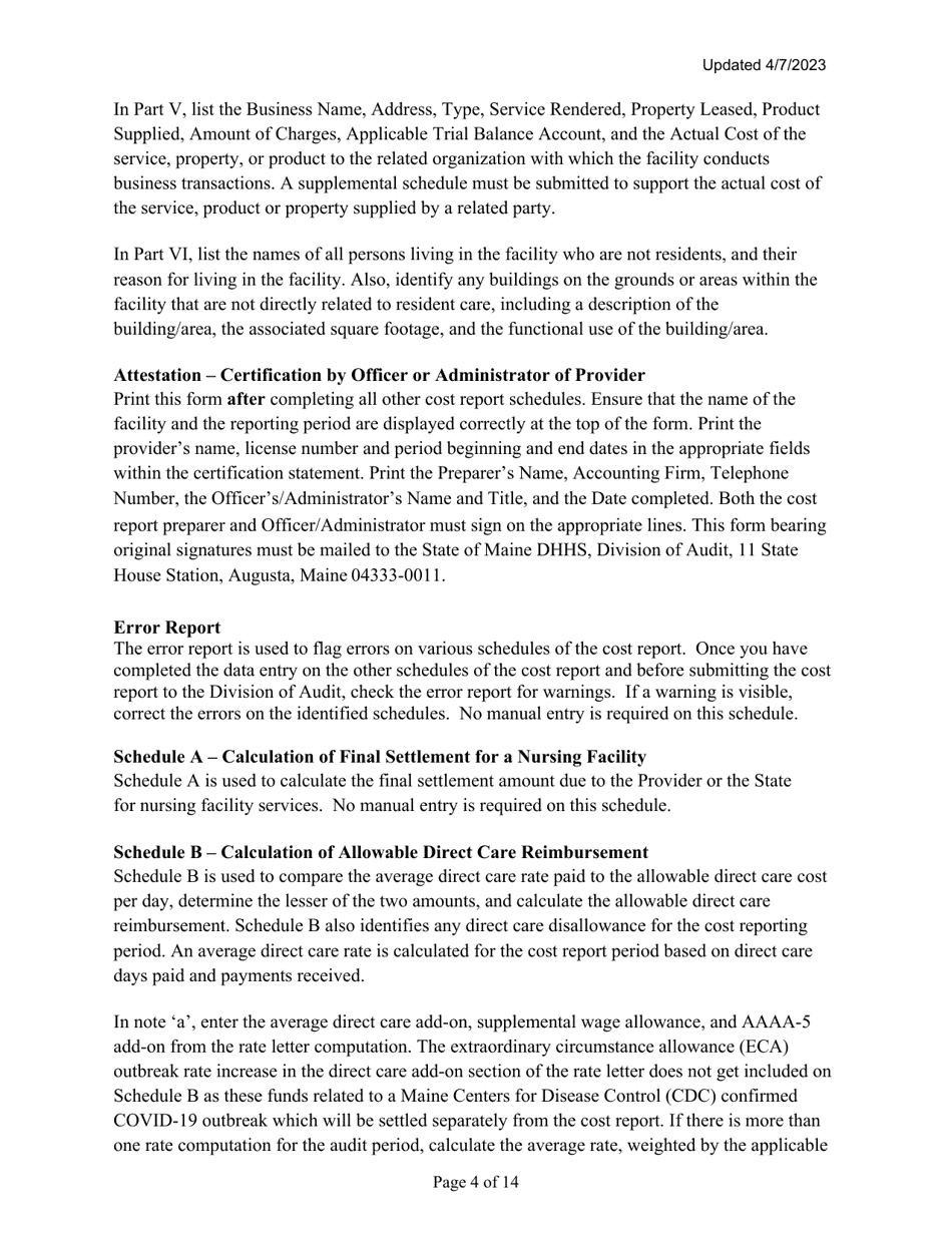 Instructions for Mainecare Cost Report for Nursing Care Facilities - Multi-Level With 2 Rcf Units - Maine, Page 4