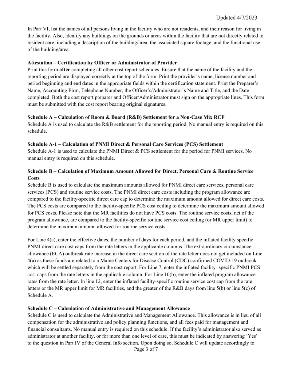 Instructions for Mainecare Cost Report for Pnmi Appendix F Non-case Mix Residential Care Facilities - Maine, Page 3