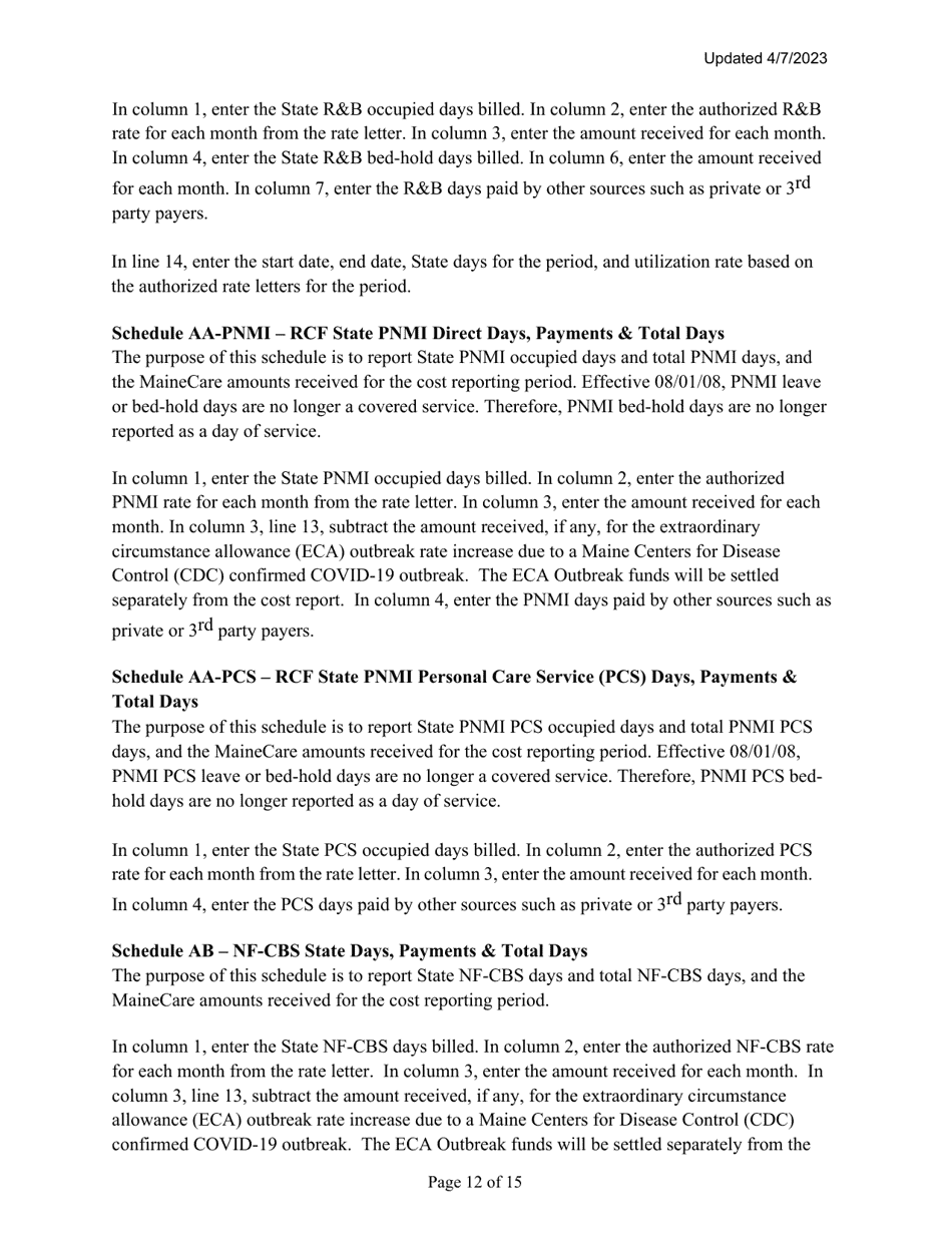 Instructions for Mainecare Cost Report for Nursing Care Facilities - Multi-Level With 1 Rcf and Cbs Unit - Maine, Page 12