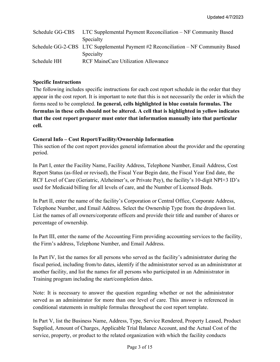 Instructions for Mainecare Cost Report for Nursing Care Facilities - Multi-Level With 1 Rcf and Cbs Unit - Maine, Page 3